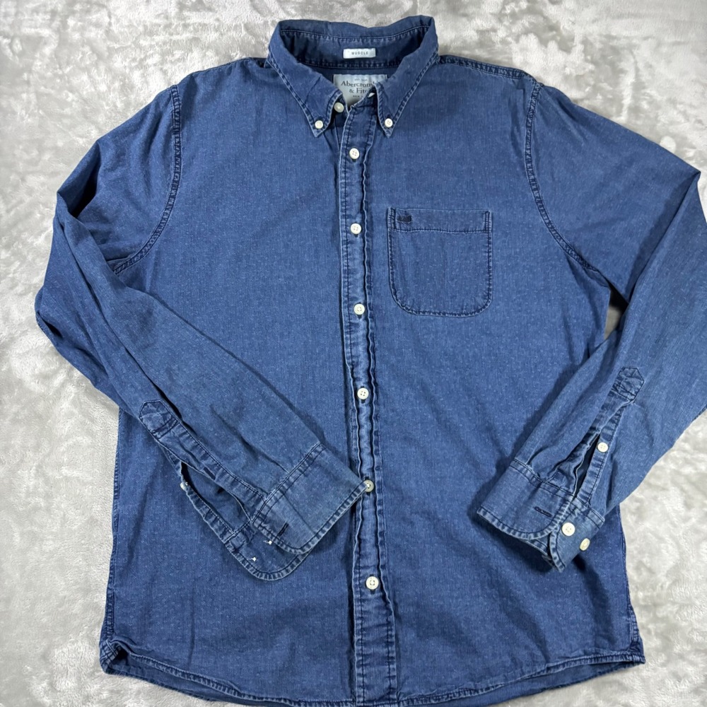 Abercrombie & Fitch Mens Muscle Fit Denim Button Down Shirt Blue Large L Long Sl